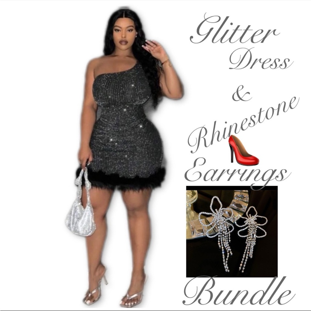 Elegant Black Glitter Dress & Rhinestone Fashion Earrings